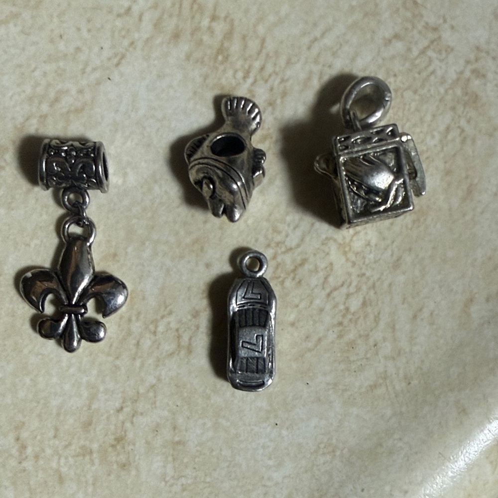Silver Toned Dangle Bracelet Charms - Box, Fish, Race Car and Fleur-de-lis